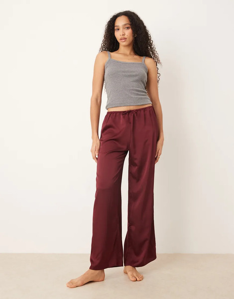  Mango Satin Drawstring Pyjama Trousers In Deep Red 