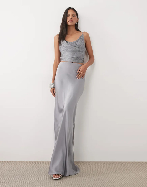  Mango Satin Maxi Skirt Co Ord In Silver 