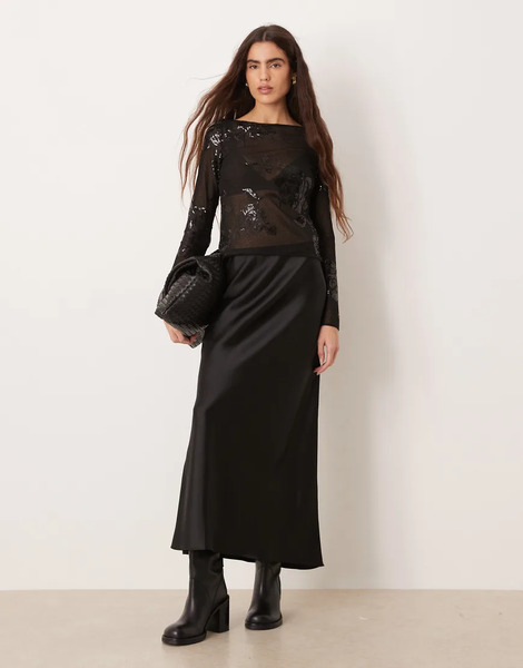  Mango Satin Maxi Skirt In Black 