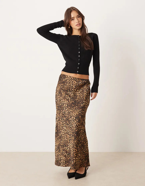  Mango Satin Maxi Skirt In Leopard Print Brown 