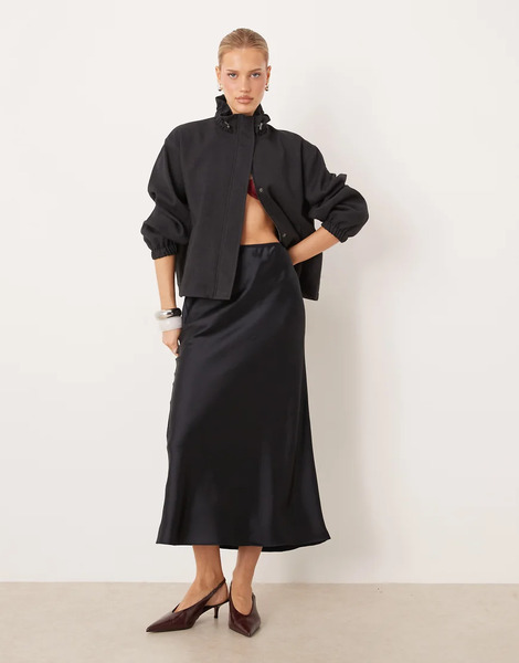  Mango Satin Maxi Skirt In Navy Blue 