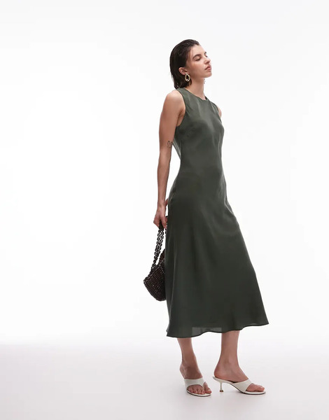  Mango Satin Midi Dress In Olive Green 