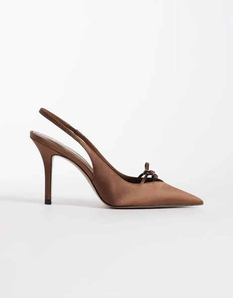  Mango Satin Pointed Heeled Slingbacks With Bow Detail In Brown 