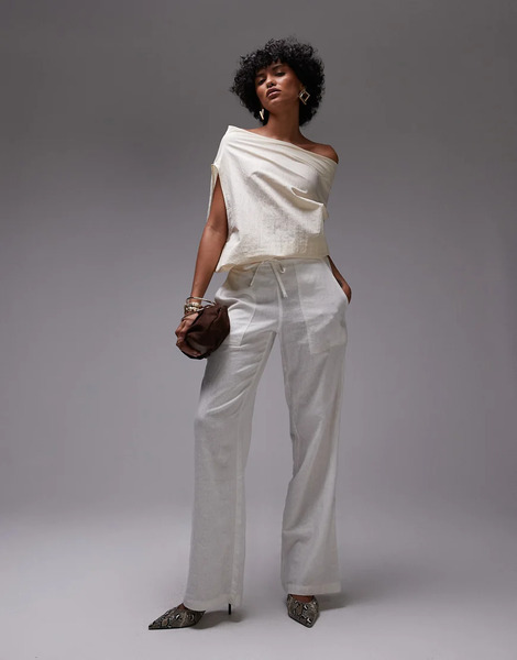  Mango Satin Touch Ruched Off Shoulder Top In Ecru Neutral 