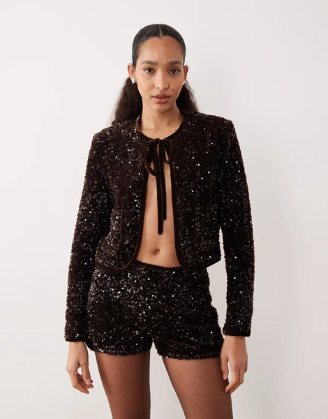 Mango Sequin Tie Front Jacket Co Ord In Chocolate Brown 