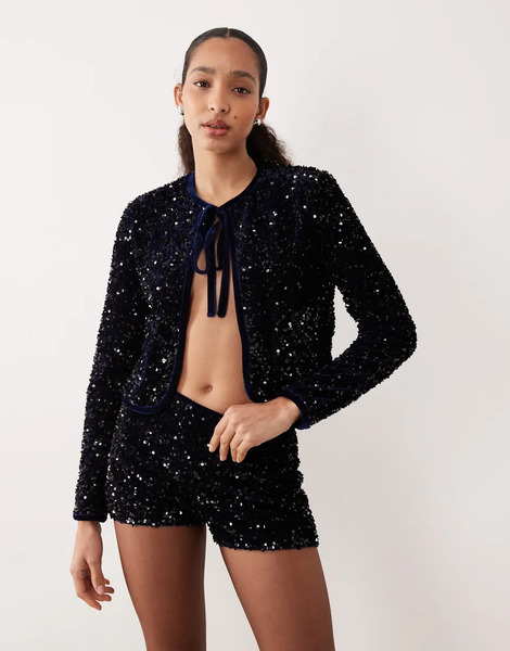  Mango Sequin Tie Front Jacket Co Ord In Navy Blue 