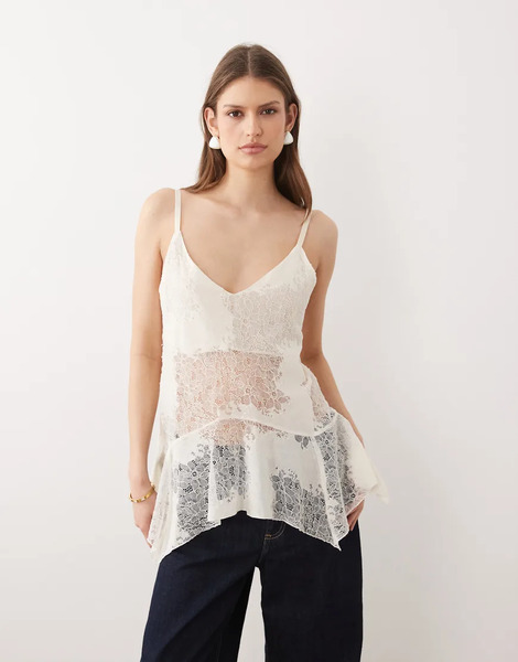  Mango Sheer Lace Asymmetric Cami In Beige Neutral 