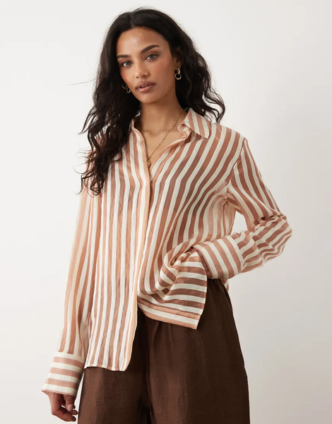  Mango Sheer Oversized Shirt In Brown And White Stripe 