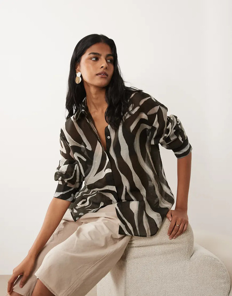  Mango Sheer Oversized Shirt In Neutral Zebra Print Black 