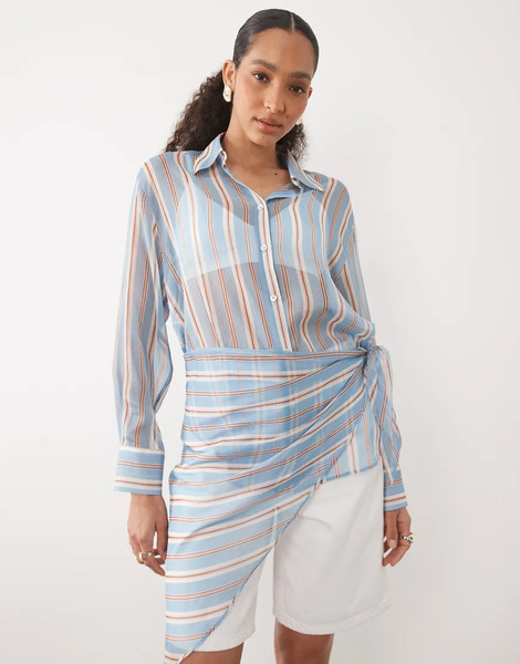  Mango Sheer Shirt In Blue And Brown Stripe Multi 
