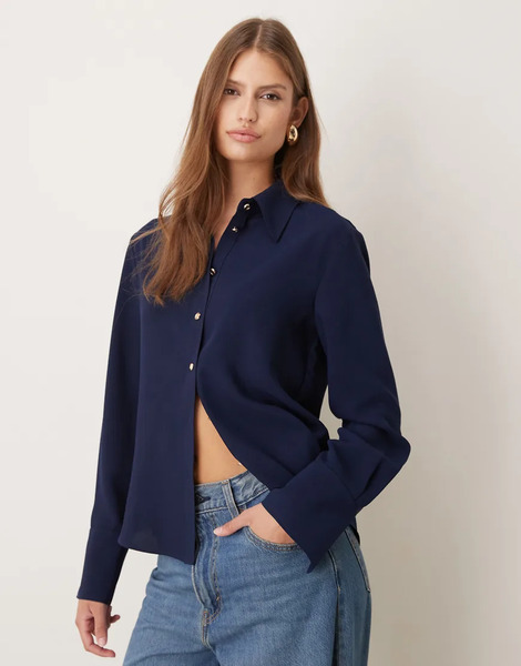  Mango Shirt With Gold Button In Navy 