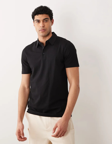  Mango Short Sleeve Button Through Jersey Polo Top In Black 