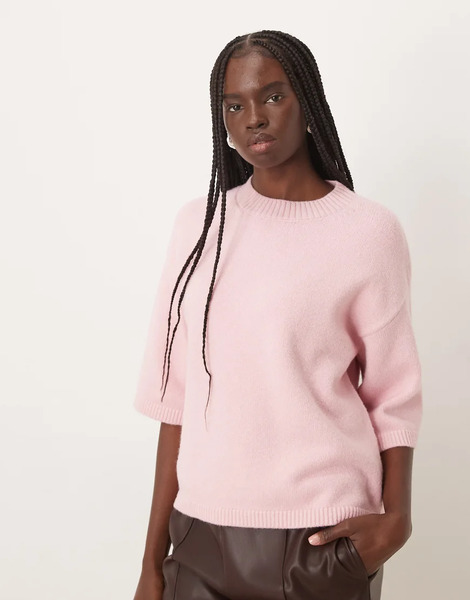  Mango Short Sleeve Knitted Top In Pastel Pink 