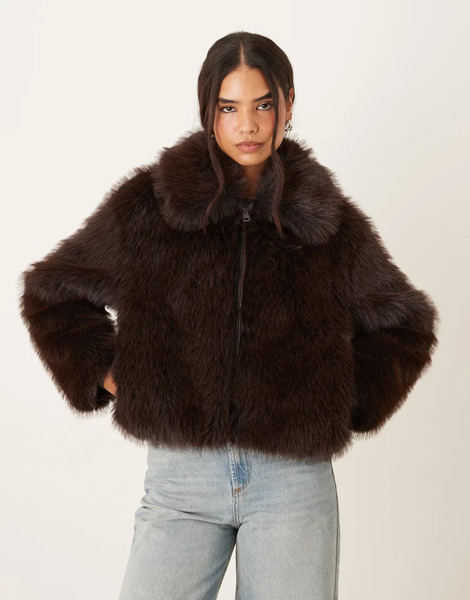  Mango Short Zip Through Faux Fur Jacket In Brown 