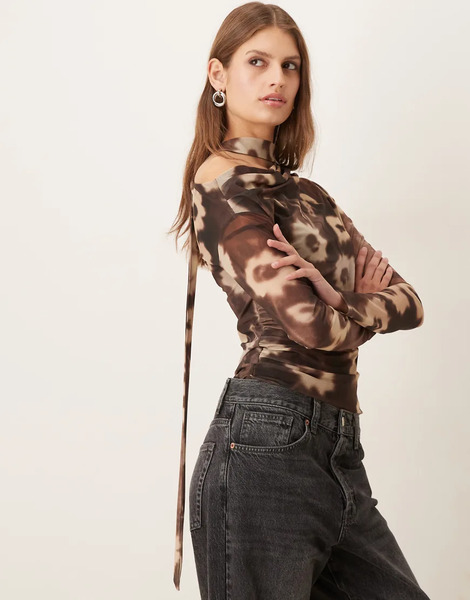  Mango Slash Neck Top In Blurred Floral Print Brown 