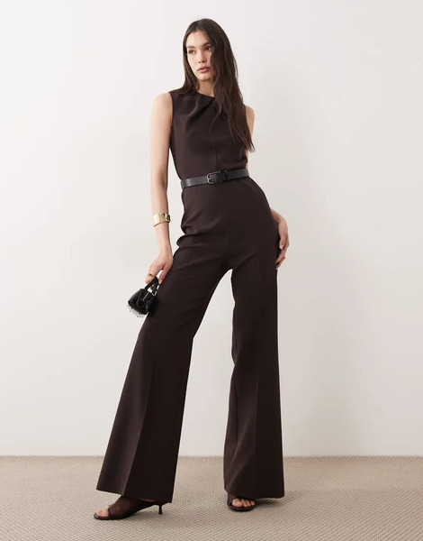  Mango Sleeveless Belted Jumpsuit In Brown 