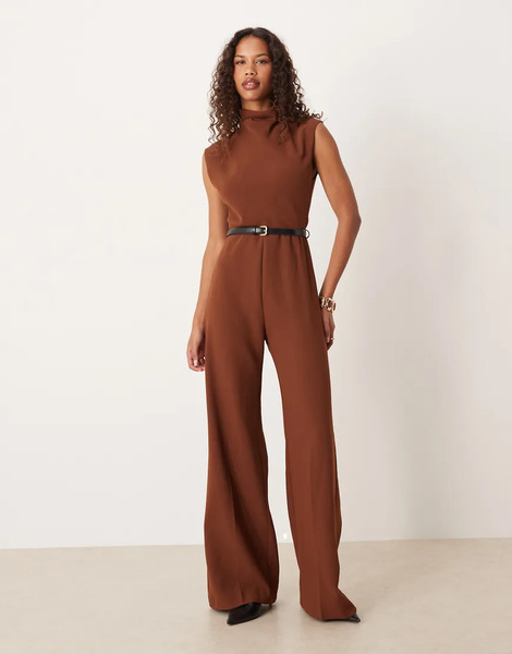 Mango Sleeveless Belted Jumpsuit In Rust Brown 