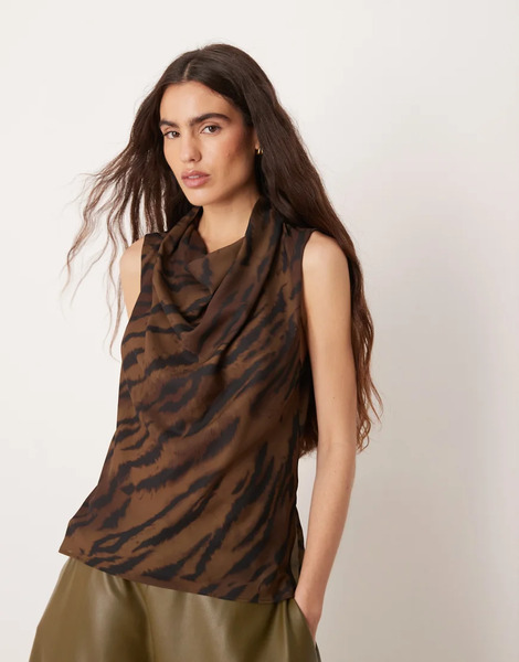  Mango Sleeveless Padded Shoulder Top In Brown Zebra Print 