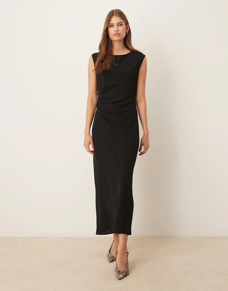  Mango Sleeveless Ruched Side Midi Dress In Black 