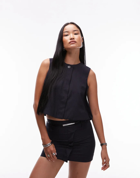  Mango Sleeveless Tailored Top Co Ord In Navy Pinstripe 
