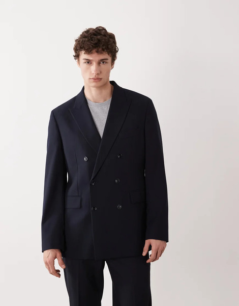  Mango Slim Fit Double Breasted Suit Blazer Co Ord In Navy 