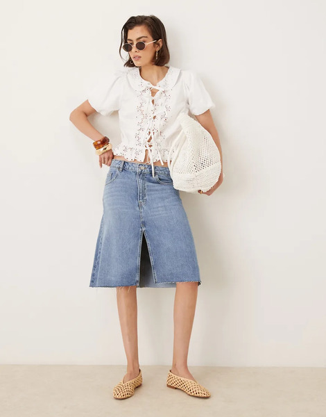  Mango Split Front Knee Length Denim Skirt In Light Blue 