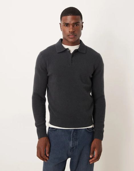  Mango Split Neck Knitted Polo Jumper In Blue 