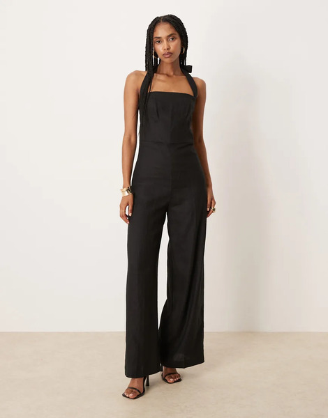 Mango Square Neck Halter Pleat Front Jumpsuit In Black 