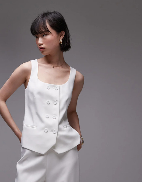  Mango Square Neck Waistcoat Co Ord In White 