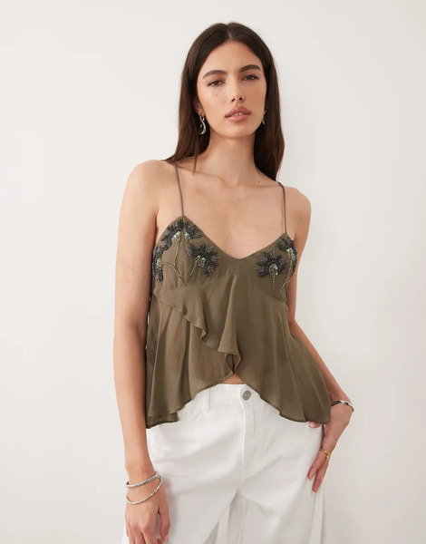  Mango Strappy Beaded Flowy Top In Green 