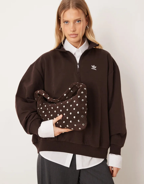  Mango Studded 100% Suede Shoulder Bag In Chocolate Brown 
