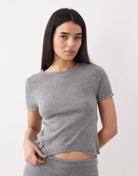  Mango Studis Knitted Short Sleeve Top With Studs Co Ord In Grey 