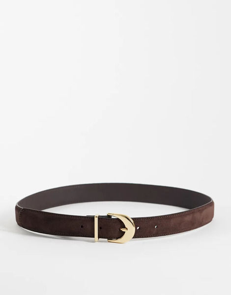  Mango 100% Suede Leather Belt In Dark Brown 