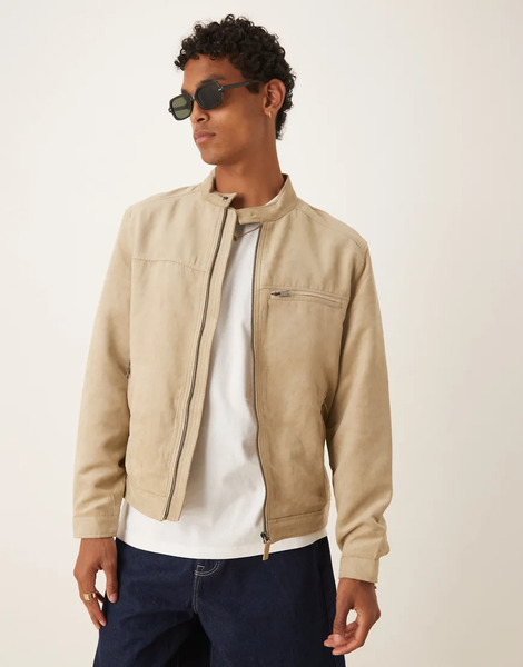  Mango Suede Look Biker Jacket In Beige Neutral 