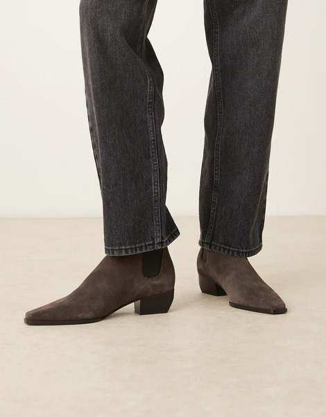  Mango Suede Square Toe Low Heeled Western Ankle Boot In Grey 