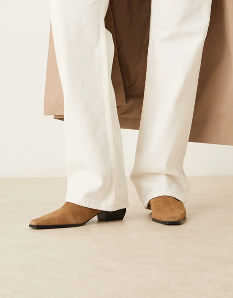  Mango Suede Square Toe Low Heeled Western Ankle Boot In Latte Brown 