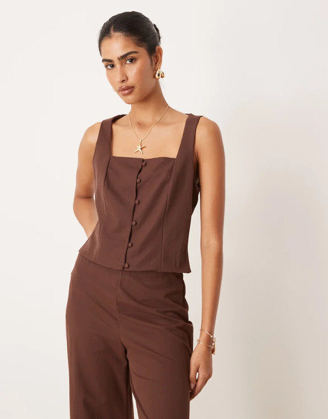  Mango Tailored Square Neck Button Through Top Co Ord In Chocolate Brown 