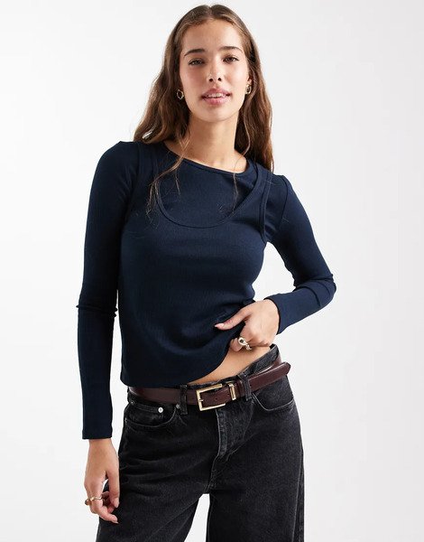  Mango Teen 2 In 1 Long Sleeve Top In Navy 