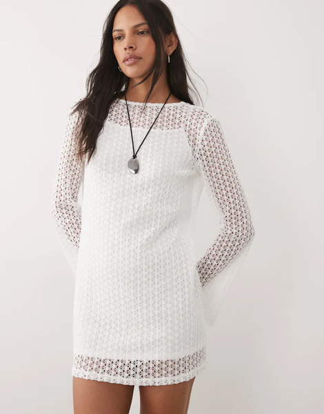  Mango Teen Knitted Long Sleeve Mini Dress In White 
