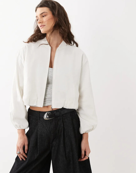  Mango Teen Linen Mix Bomber Jacket In White 