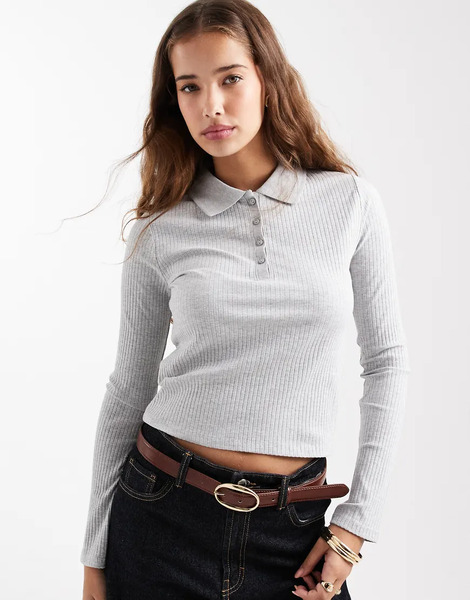  Mango Teen Long Sleeve Polo Top In Grey 