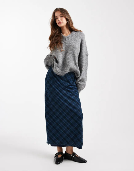  Mango Teen Mesh Maxi Skirt In Blue Check Print 