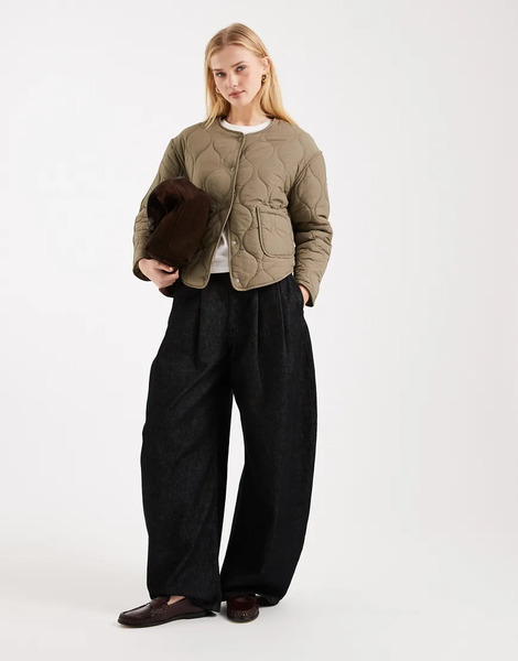 Mango Teen Quilted Collarless Jacket In Light Khaki Green 