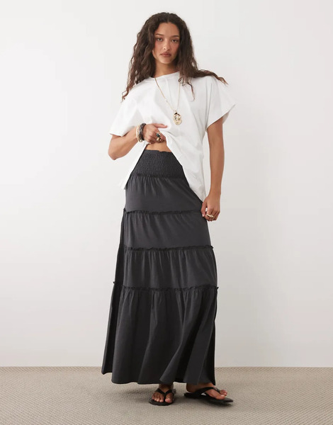  Mango Teen Tiered Maxi Skirt In Charcoal Grey 
