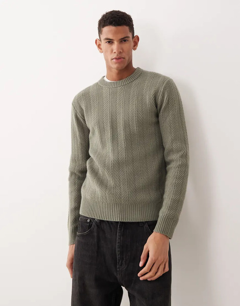  Mango Textured Knit Jumper In Sage Green 