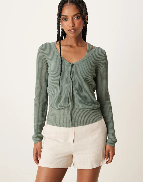  Mango Tie Front Lightweight Cardigan In Sage Green 
