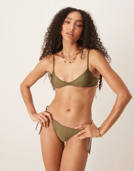  Mango Tie Side Bikini Bottom In Olive Green 