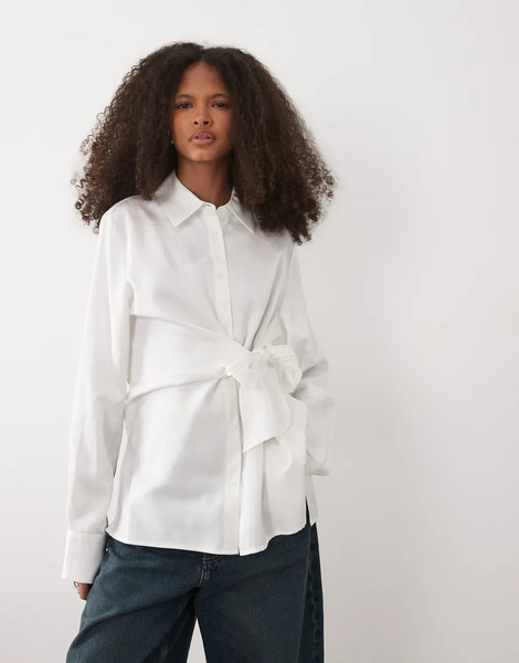 Mango Tie Waist Shirt In White 