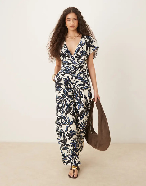 Mango V Neck Belted Jumpsuit In Blue Floral Print 