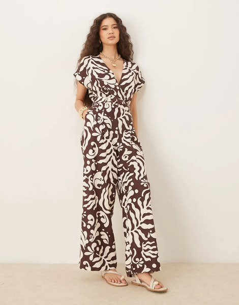  Mango V Neck Belted Jumpsuit In Brown Floral Print 